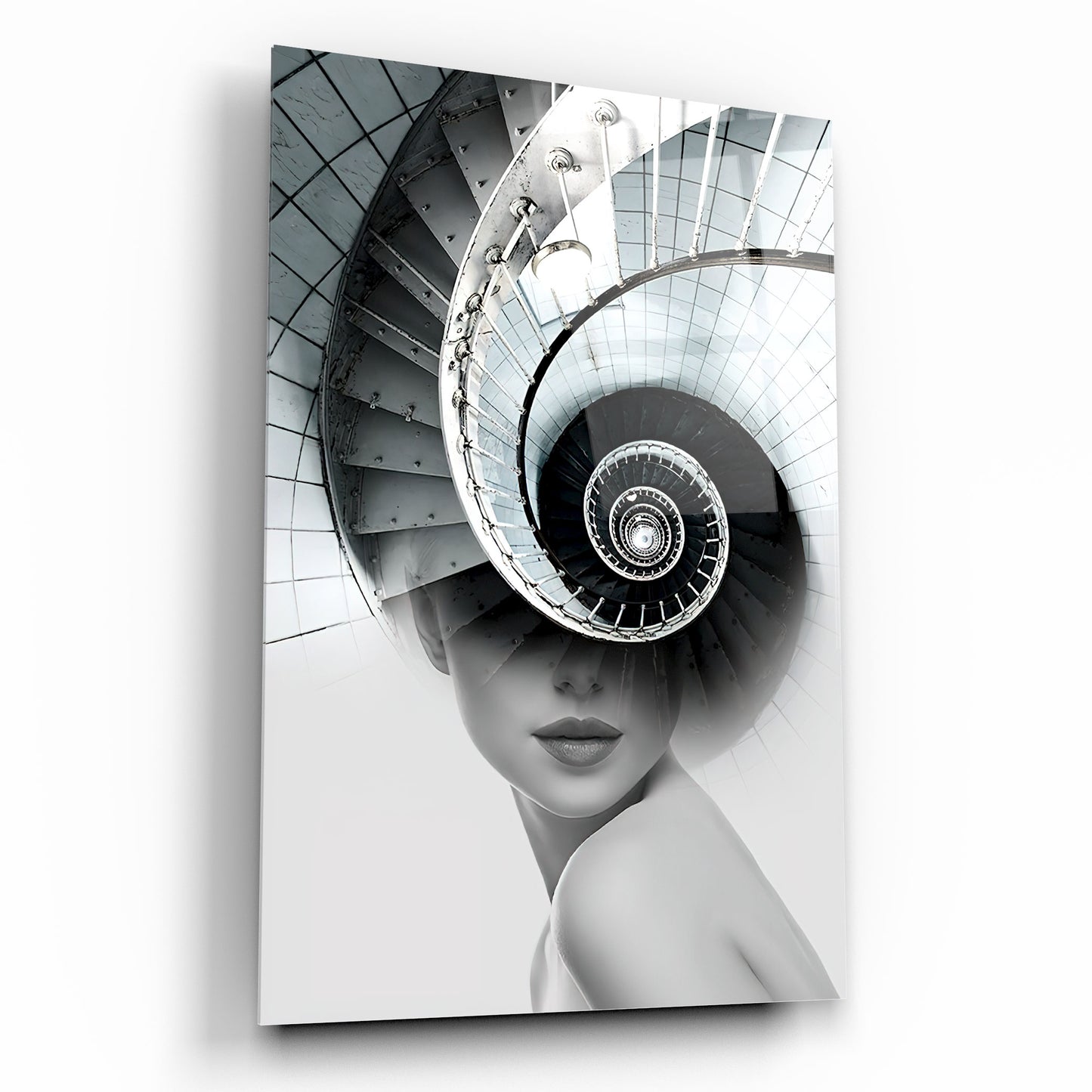 Girl and Stairs Glass Wall Art