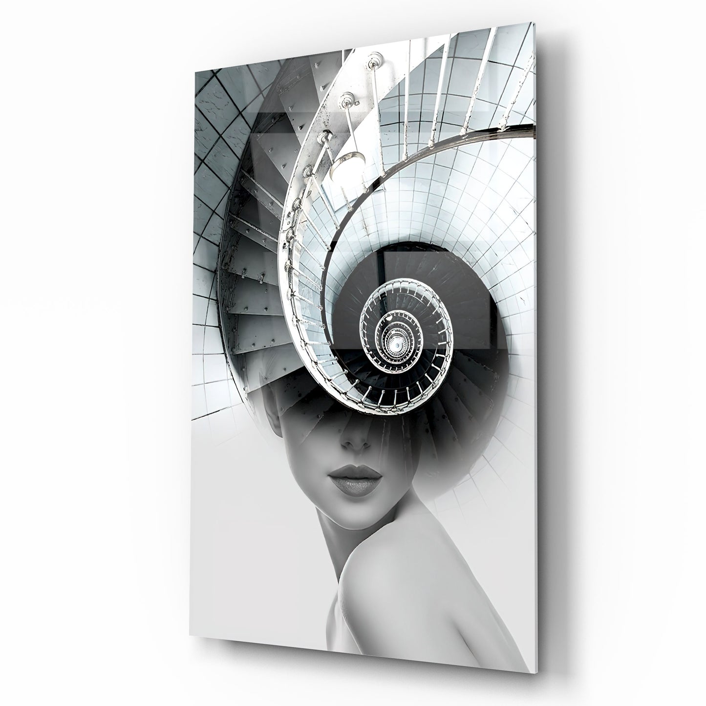 Girl and Stairs Glass Wall Art