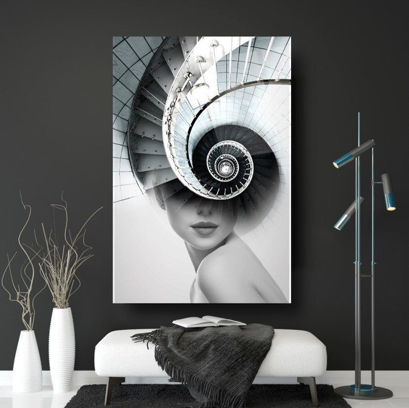 Girl and Stairs Glass Wall Art
