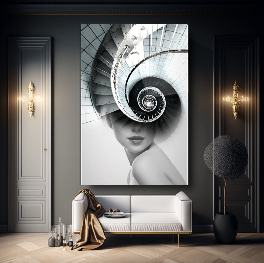 Girl and Stairs Glass Wall Art