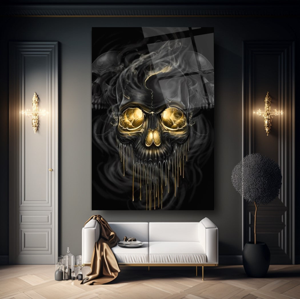 Crâne Noir et Or Tableau en Verre Trempé