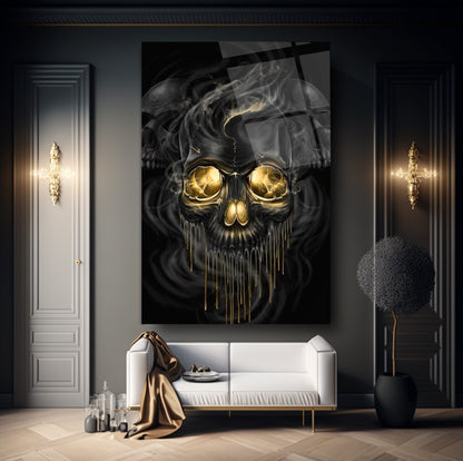 Crâne Noir et Or Tableau en Verre Trempé