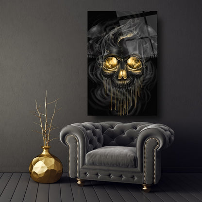 Crâne Noir et Or Tableau en Verre Trempé