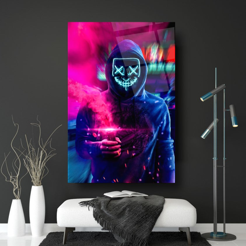 L'homme au Masque Tableau en Verre Trempé