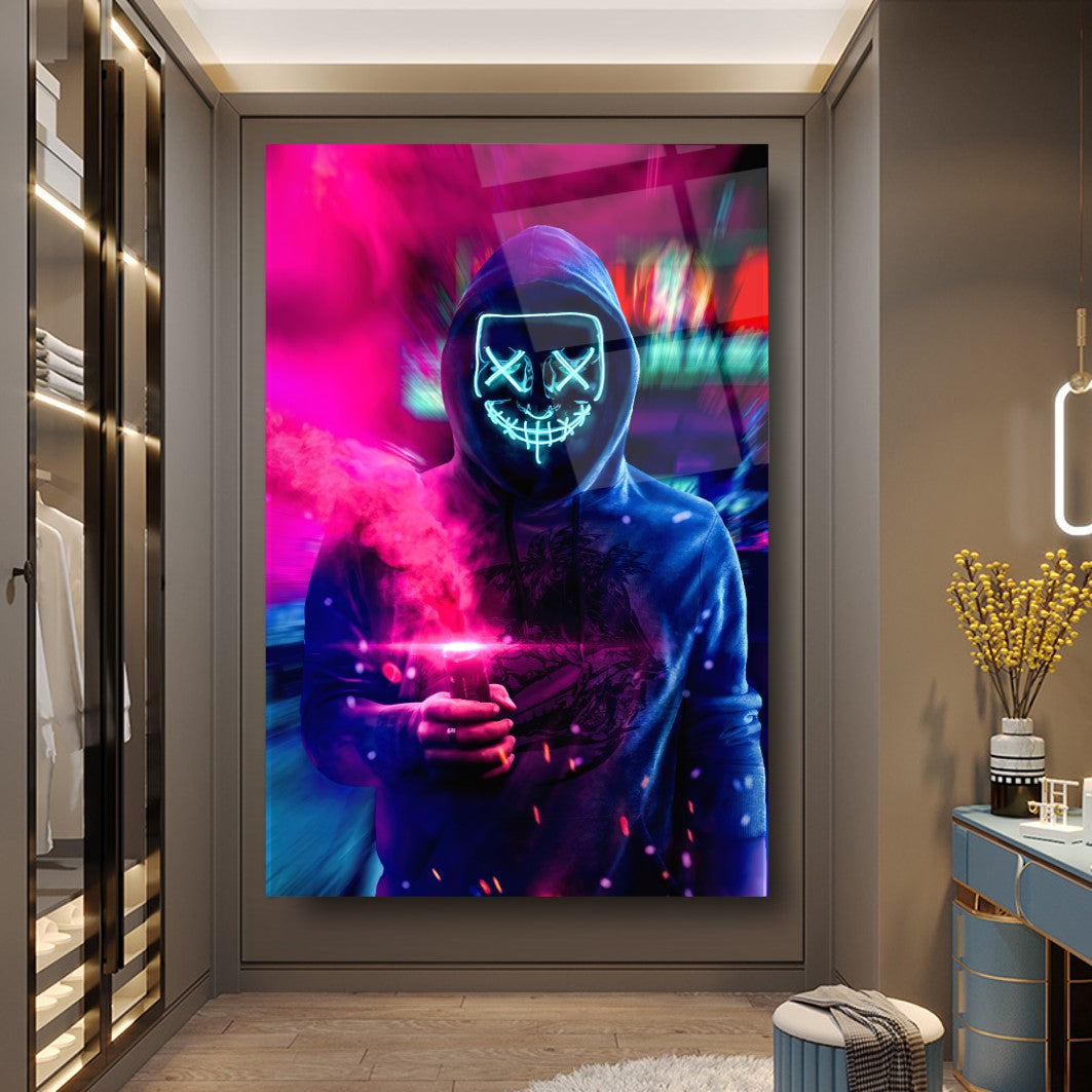 L'homme au Masque Tableau en Verre Trempé