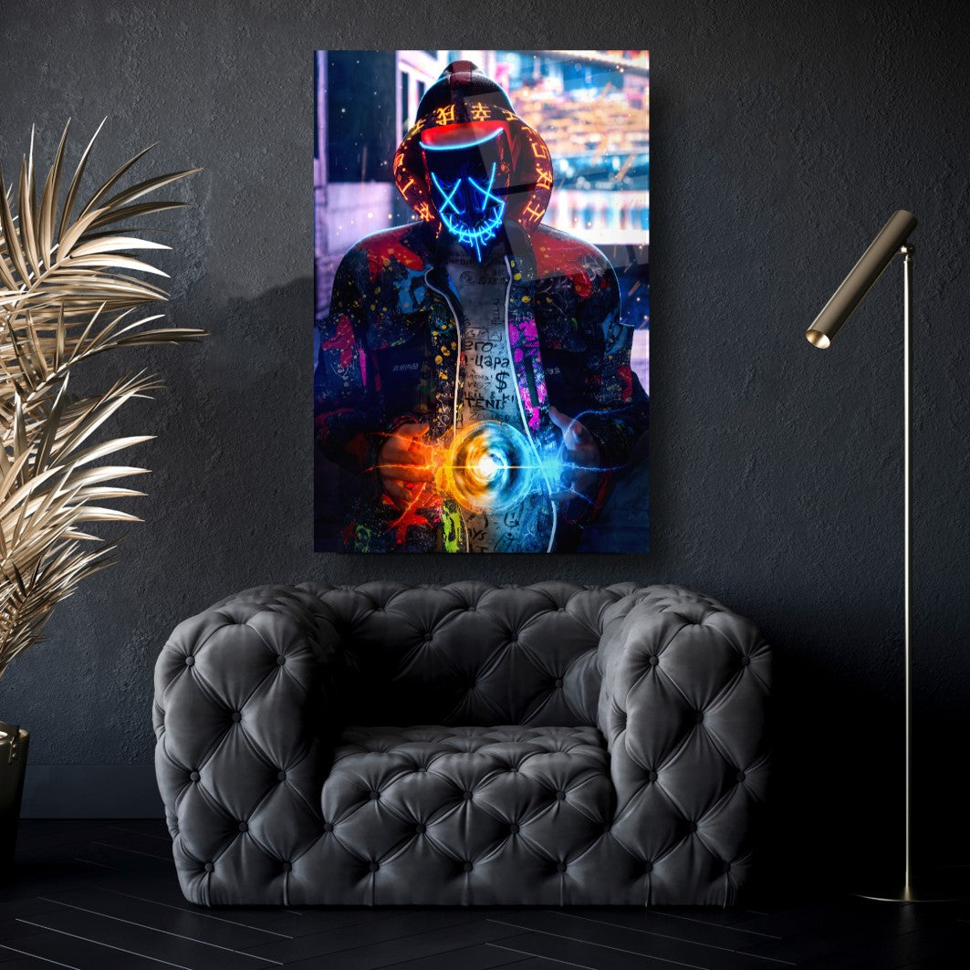 L'homme au Masque Tableau en Verre Trempé
