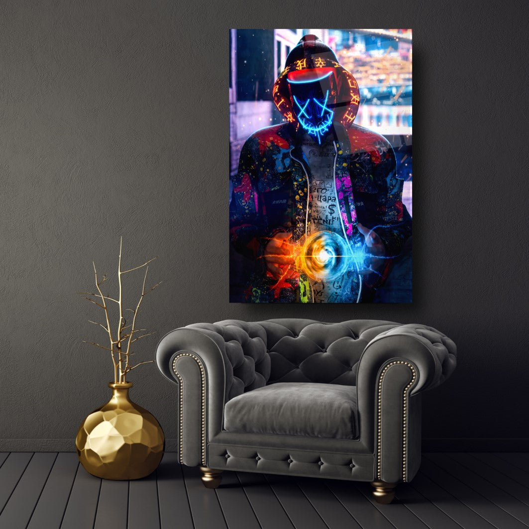 L'homme au Masque Tableau en Verre Trempé