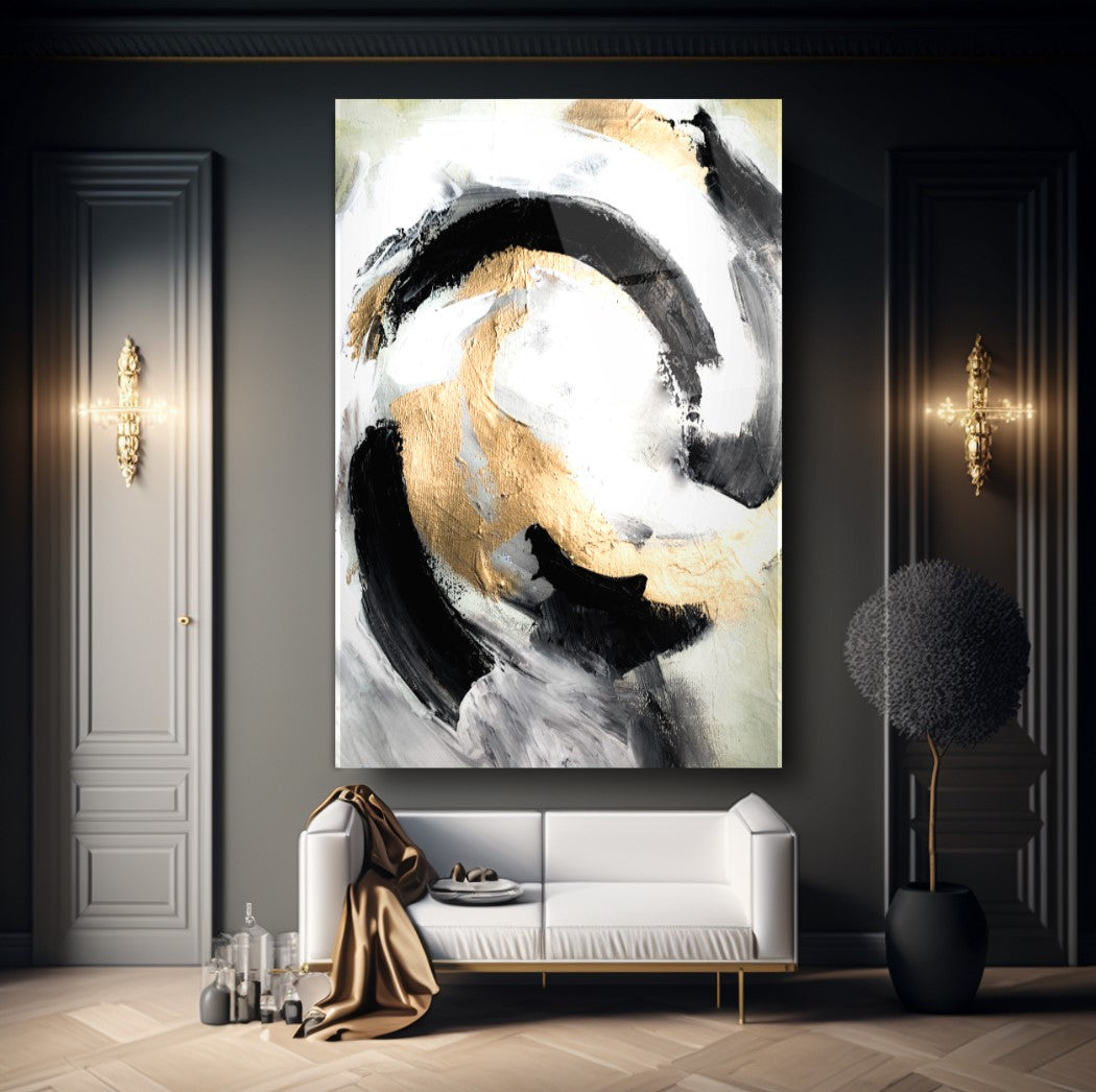 Abstract Or et Noir Tableau en Verre Trempé