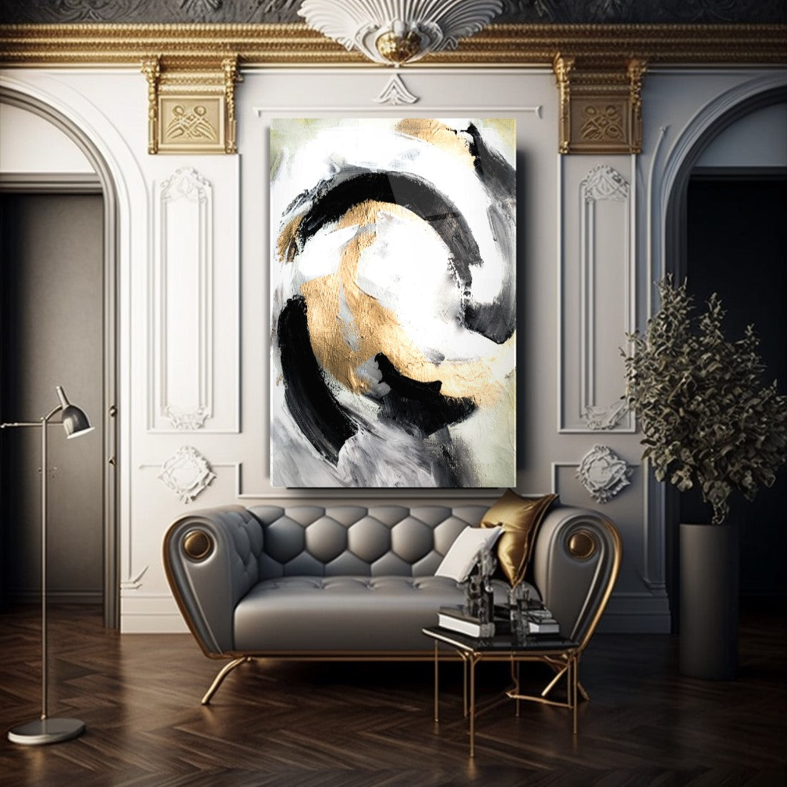 Abstract Or et Noir Tableau en Verre Trempé
