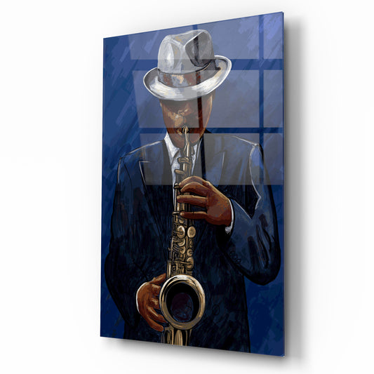 Uomo con Sassofono Quadro in Vetro Temperato