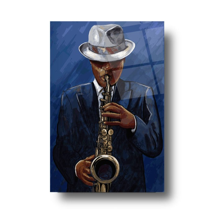 Man with Saxophone Glass Wall Art