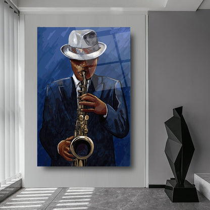 Man with Saxophone Glass Wall Art