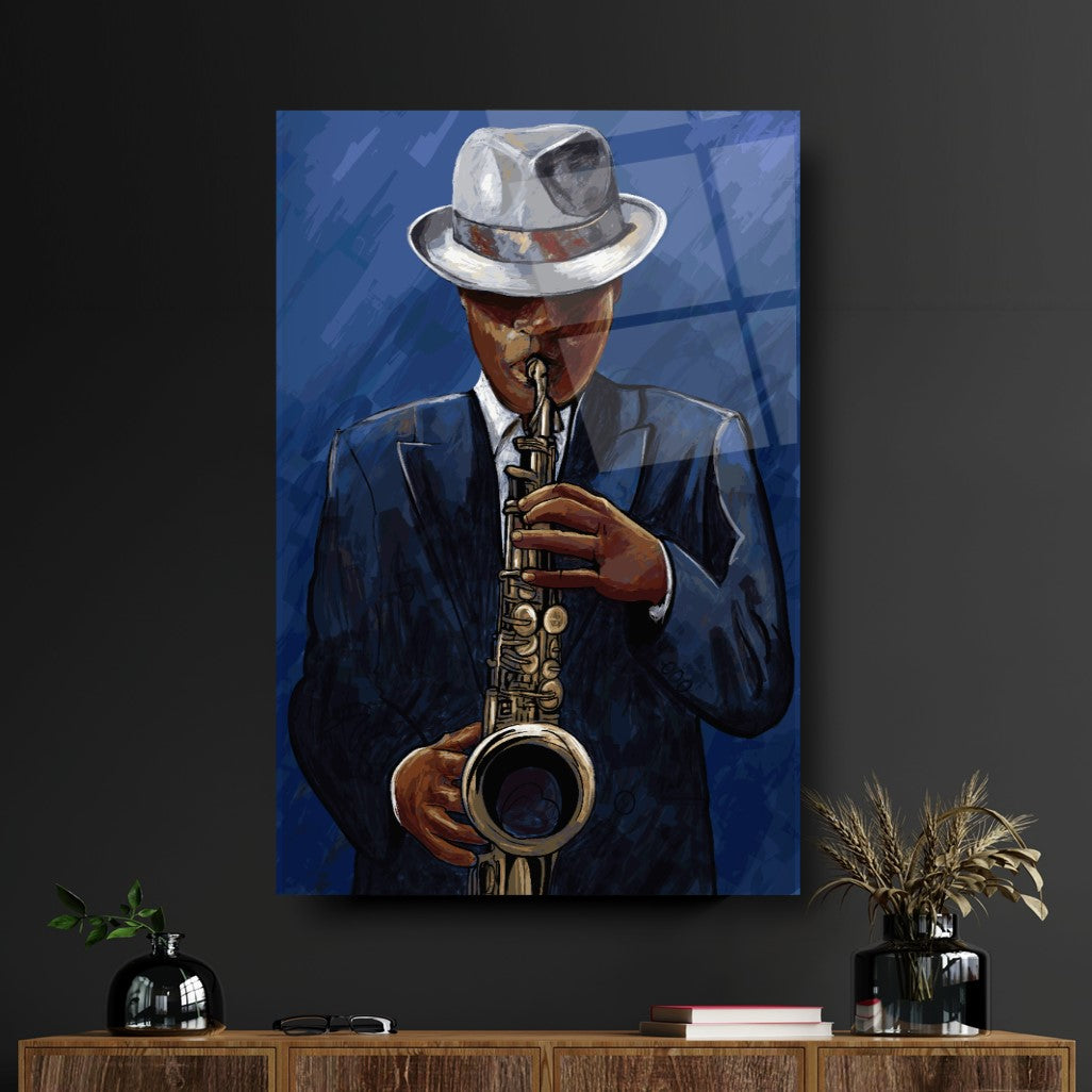Man with Saxophone Glass Wall Art
