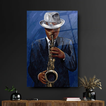Man with Saxophone Glass Wall Art