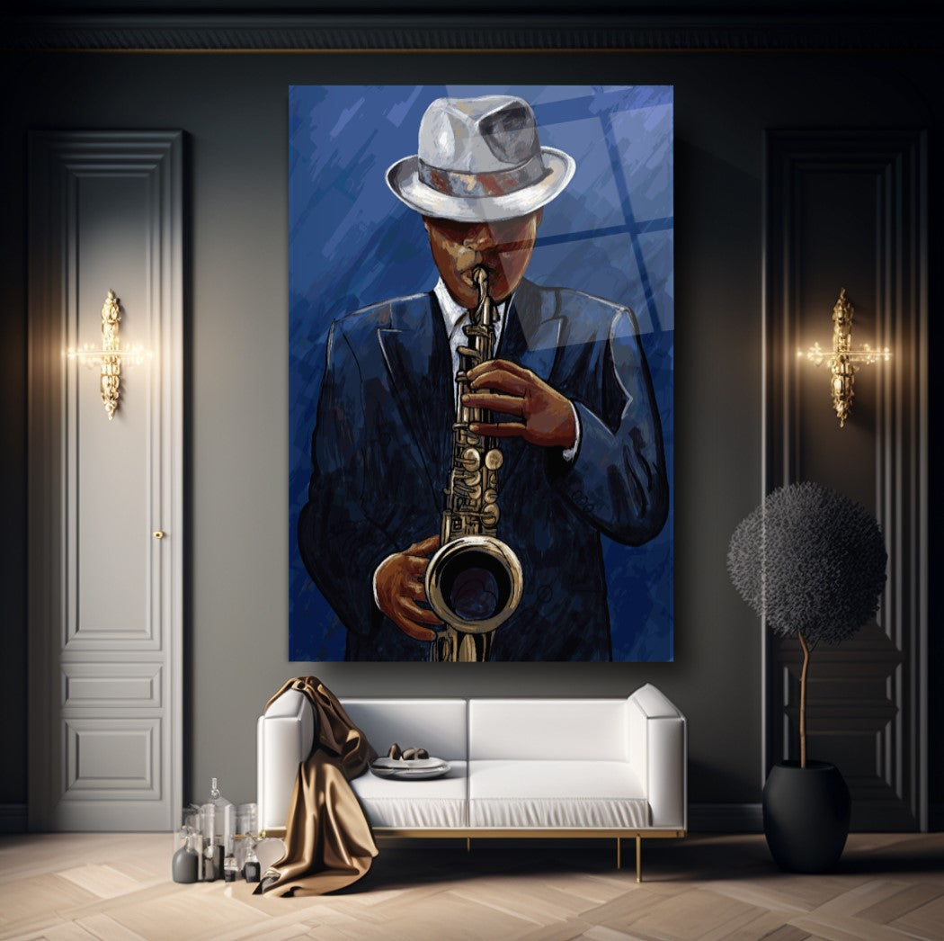 Man with Saxophone Glass Wall Art