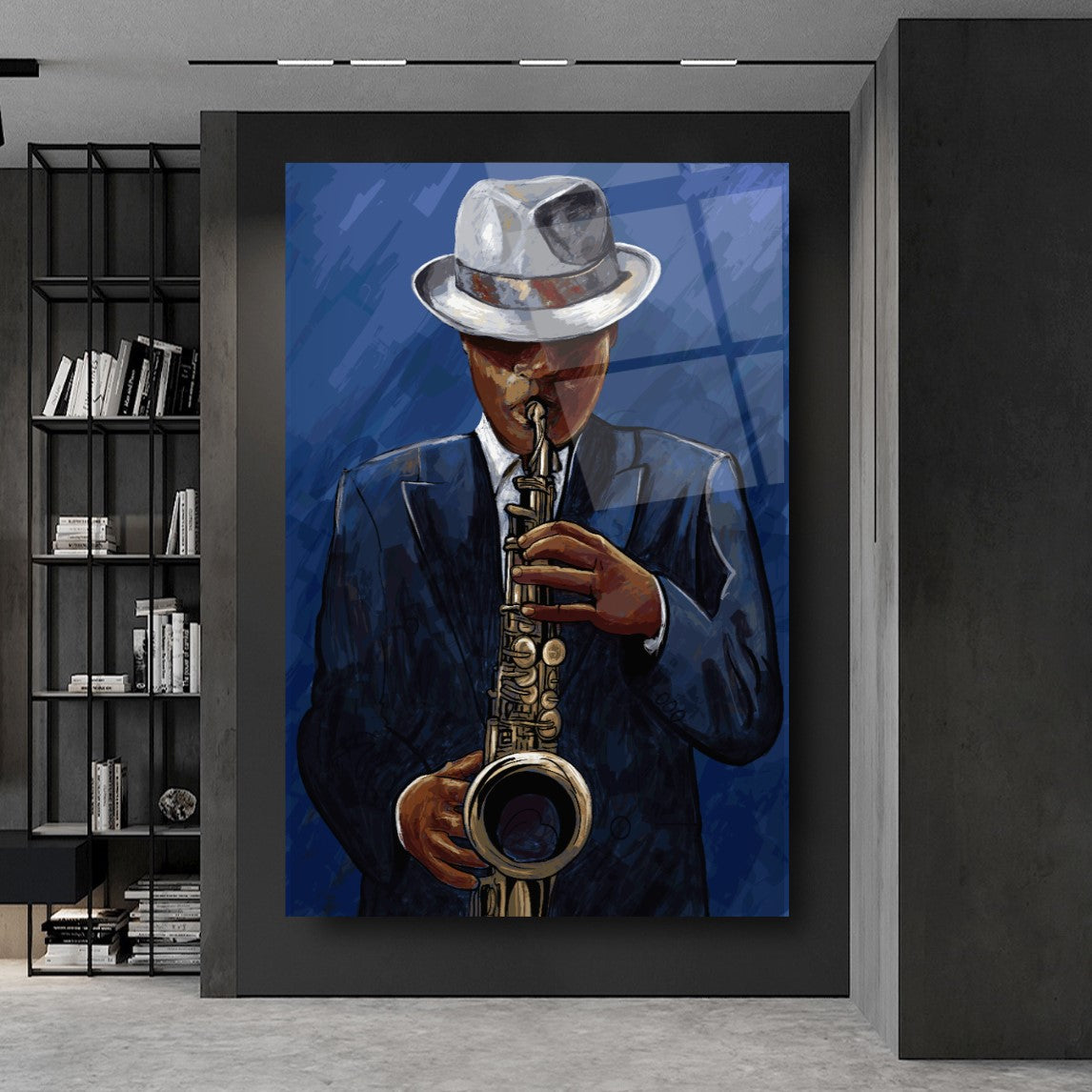 Man with Saxophone Glass Wall Art