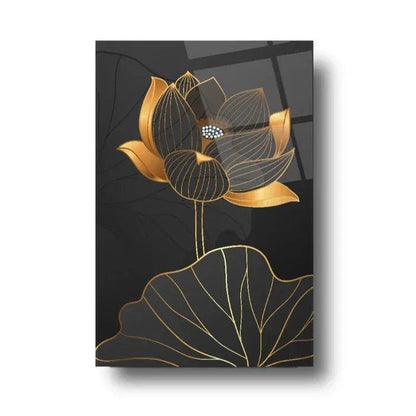Black & Gold Flower Glass Wall Art - LUXARTDECO