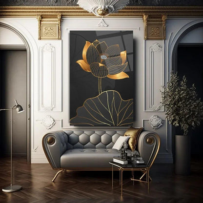 Black & Gold Flower Glass Wall Art - LUXARTDECO