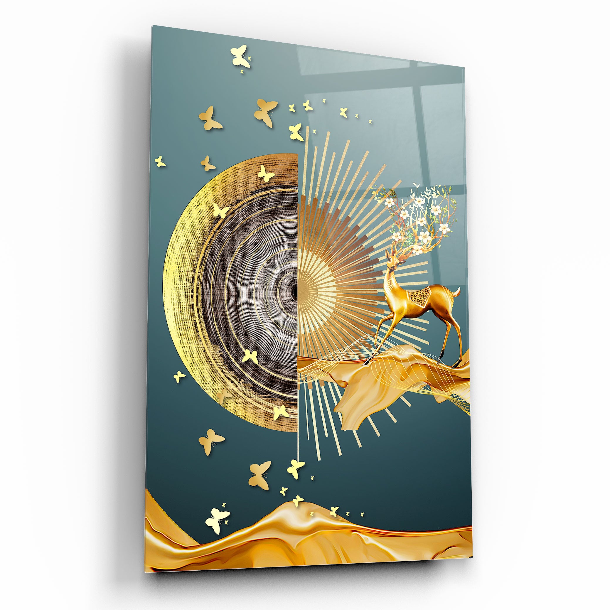 Décoration murale en verre représentant un cerf doré 