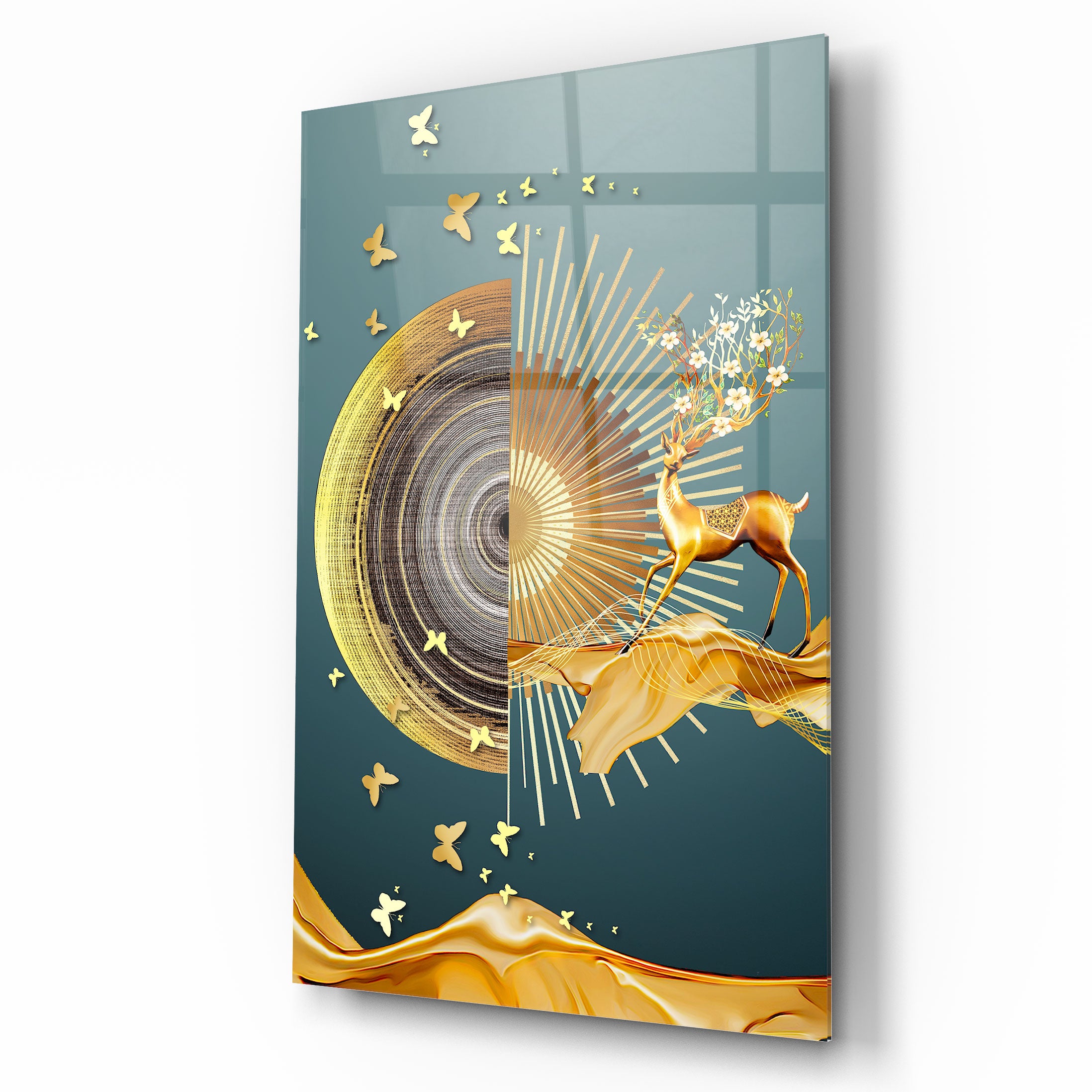 Décoration murale en verre représentant un cerf doré 