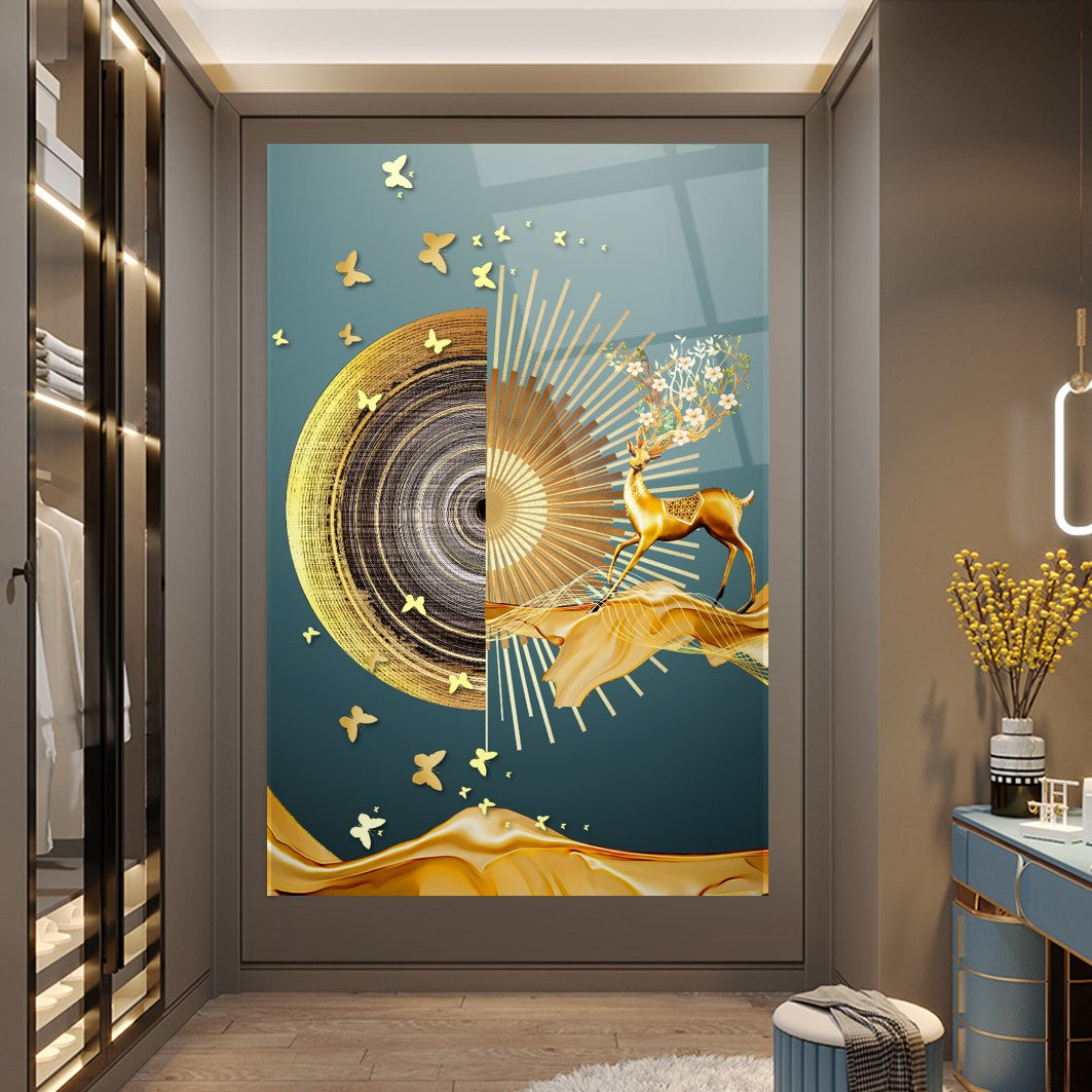 Décoration murale en verre représentant un cerf doré 