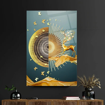 Golden Deer Glass Wall Art - LUXARTDECO