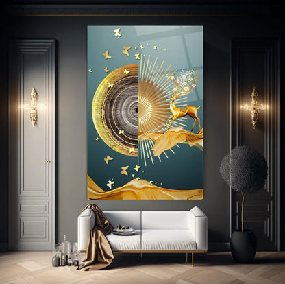 Golden Deer Glass Wall Art - LUXARTDECO