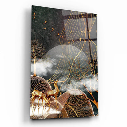 Golden Deers Glass Wall Art - LUXARTDECO
