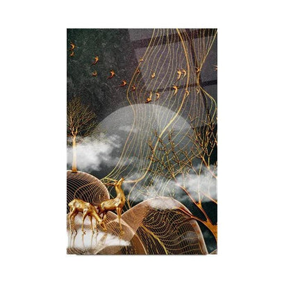 Golden Deers Glass Wall Art - LUXARTDECO