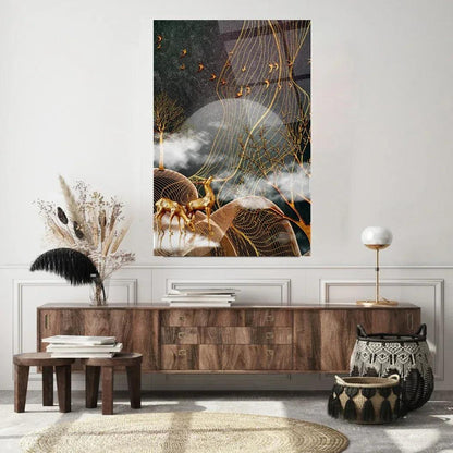 Golden Deers Glass Wall Art - LUXARTDECO