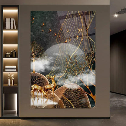 Golden Deers Glass Wall Art - LUXARTDECO