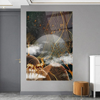 Golden Deers Glass Wall Art - LUXARTDECO