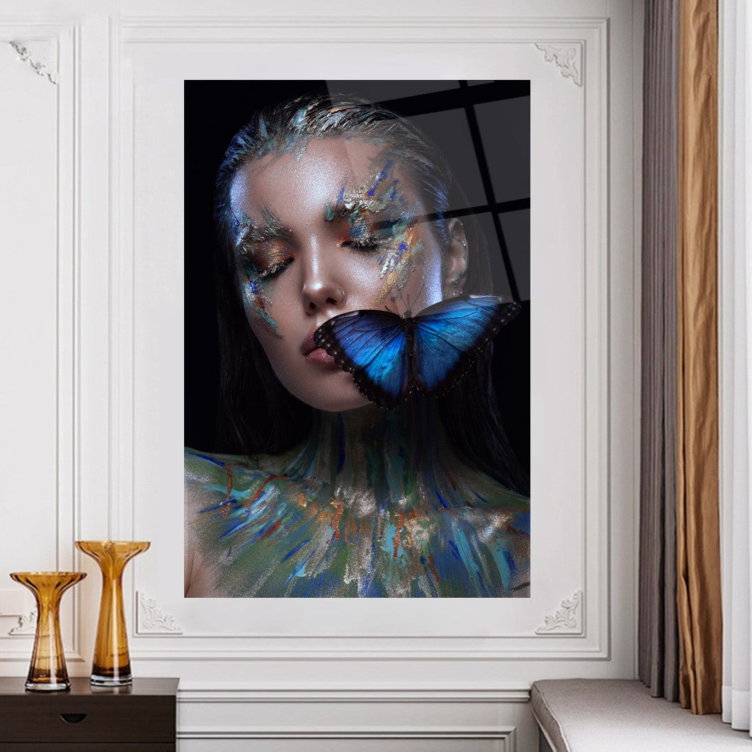 Tableau mural en verre Papillon et Femme