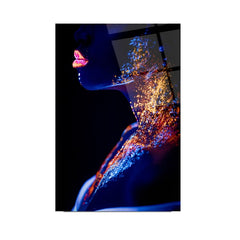 Visage de Femme au Néon Tableau en Verre Trempé
