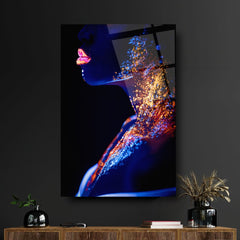 Visage de Femme au Néon Tableau en Verre Trempé