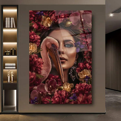 Woman and Bird Glass Wall Art - LUXARTDECO