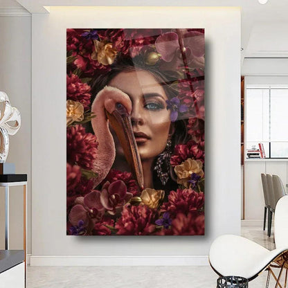 Woman and Bird Glass Wall Art - LUXARTDECO