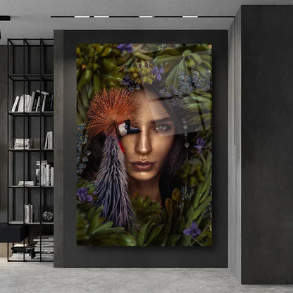 Woman and Bird Glass Wall Art - LUXARTDECO