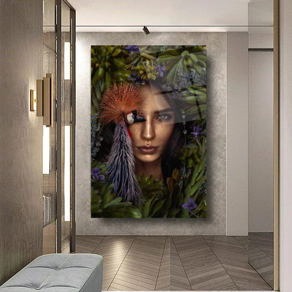 Woman and Bird Glass Wall Art - LUXARTDECO