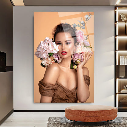 Woman with Flowers Glass Wall Art
