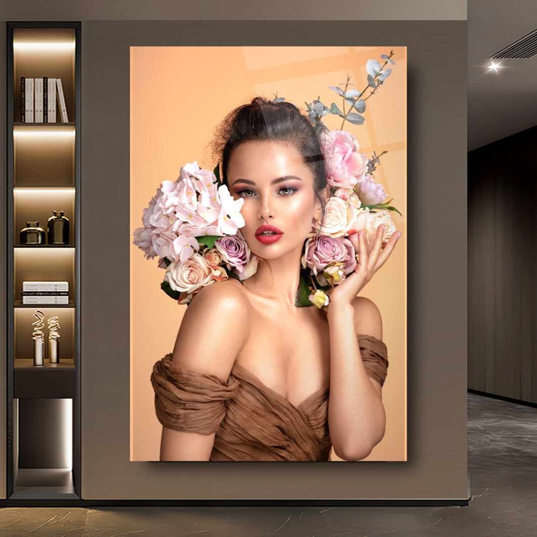 Woman with Flowers Glass Wall Art