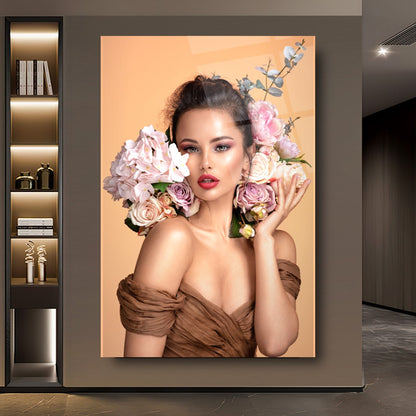Woman with Flowers Glass Wall Art