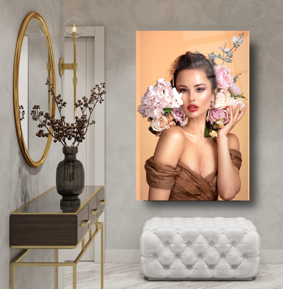 Woman with Flowers Glass Wall Art