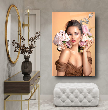 Woman with Flowers Glass Wall Art