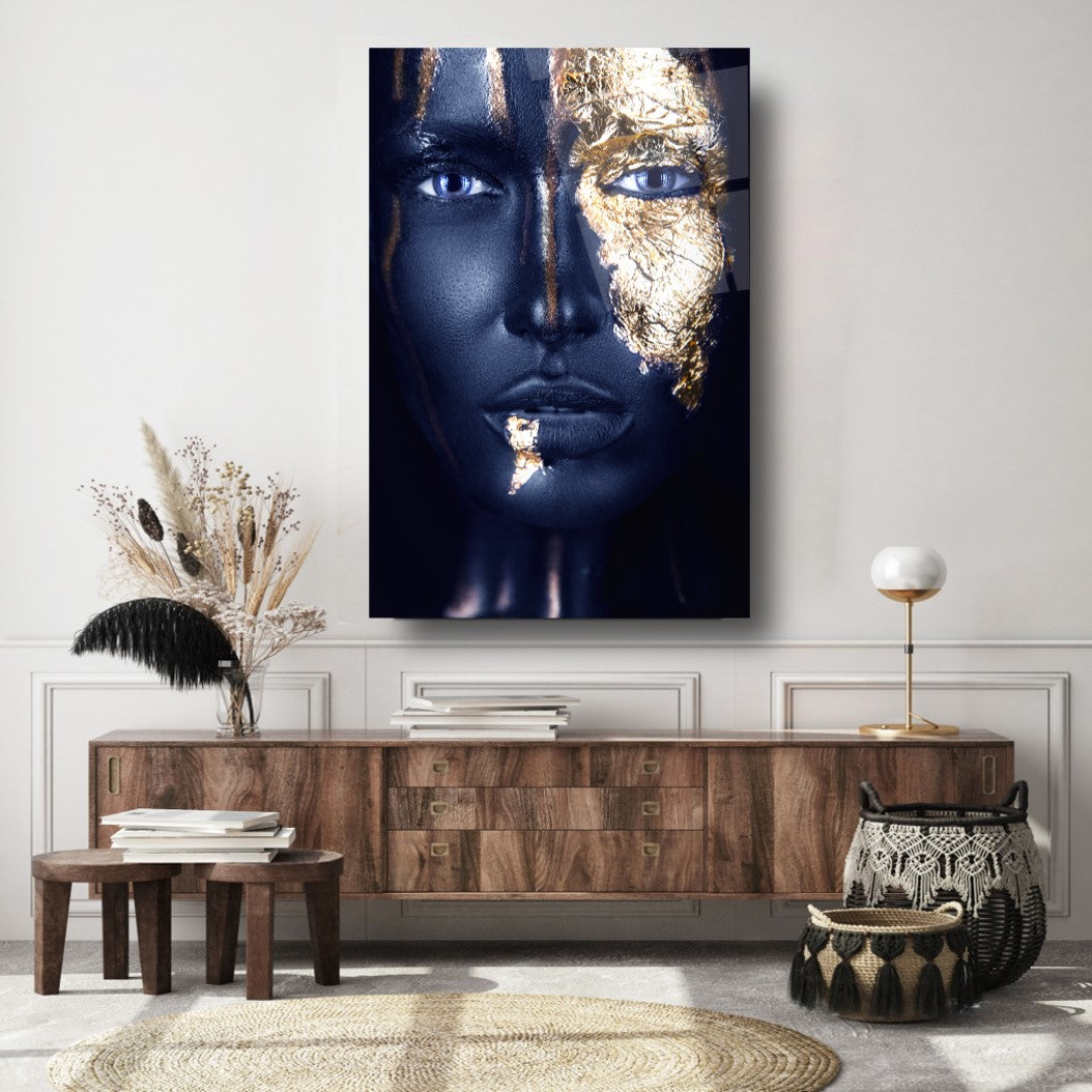 Visage de Femme Dorée Tableau en Verre Trempé