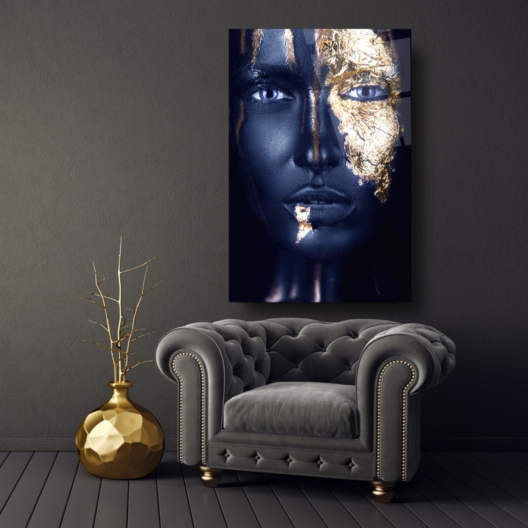 Visage de Femme Dorée Tableau en Verre Trempé