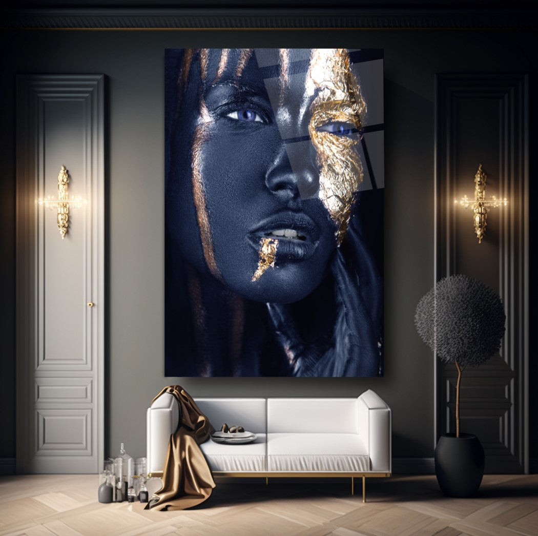Visage de Femme Dorée Tableau en Verre Trempé