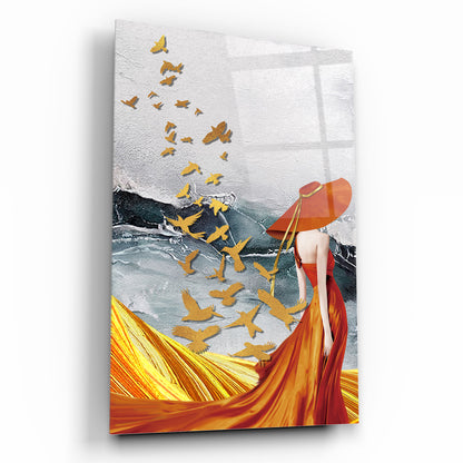 Woman and Birds Glass Wall Art