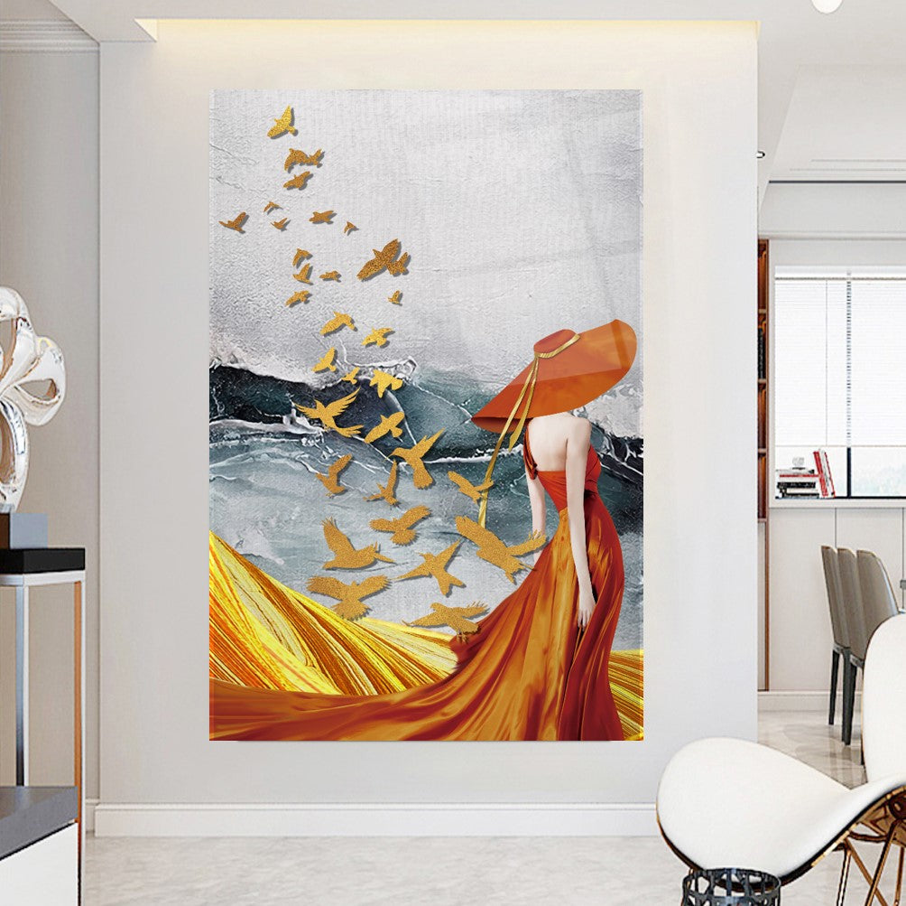 Woman and Birds Glass Wall Art