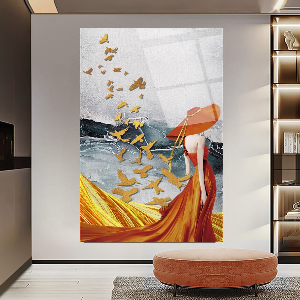 Woman and Birds Glass Wall Art